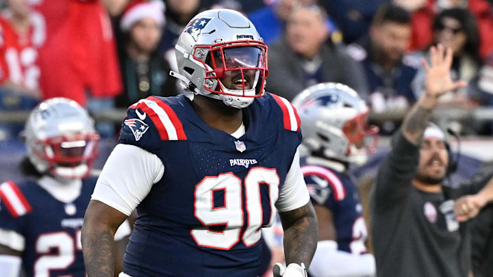 Nov 17, 2024; Foxborough, Massachusetts, USA; New England Patriots defensive tackle Christian Barmore (90) runs to the line during the second half against the Los Angeles Rams at Gillette Stadium. Mandatory Credit: Eric Canha-Imagn Images