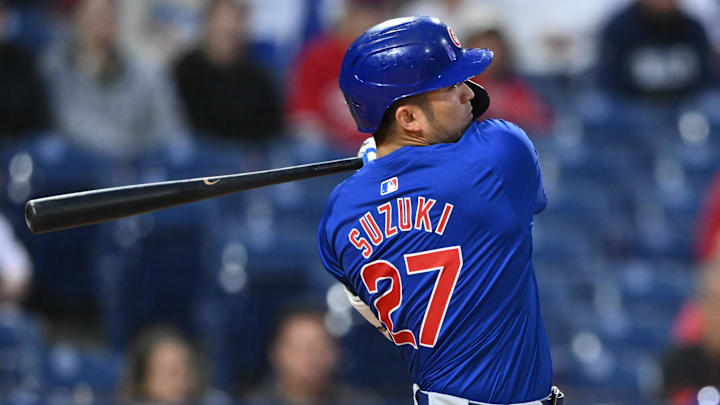 Sep 24, 2024; Philadelphia, Pennsylvania, USA; Chicago Cubs outfielder Seiya Suzuki (27) hits a double against the Philadelphia Phillies in the first inning at Citizens Bank Park