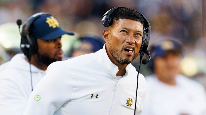 Notre Dame head coach Marcus Freeman looks on in the second half of a NCAA football game against NC State at Notre Dame Stadium on Saturday, Oct. 11, 2025, in South Bend.