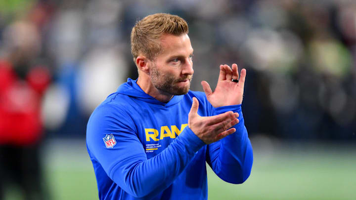 Dec 18, 2025; Seattle, Washington, USA; Los Angeles Rams head coach Sean McVay looks on before the game against the Seattle Seahawks at Lumen Field. Mandatory Credit: Steven Bisig-Imagn Images