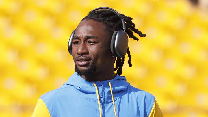 Sep 22, 2024; Pittsburgh, Pennsylvania, USA;  Los Angeles Chargers cornerback Asante Samuel Jr. (26) walks the field before playing the Pittsburgh Steelers at Acrisure Stadium. Mandatory Credit: Charles LeClaire-Imagn Images