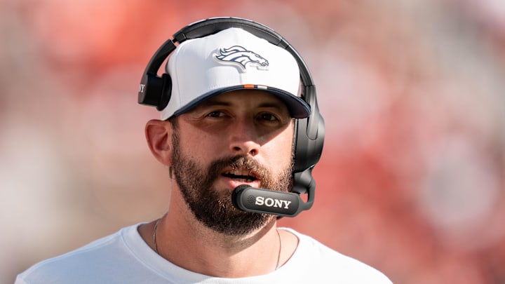 August 9, 2025; Santa Clara, California, USA; Denver Broncos offensive pass game coordinator Davis Webb before the game against the San Francisco 49ers at Levi's Stadium. Mandatory Credit: Kyle Terada-Imagn Images