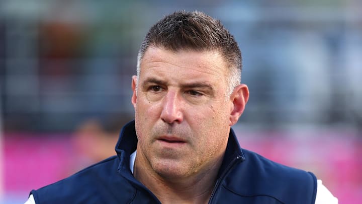 New England Patriots head coach Mike Vrabel walks on field before Super Bowl LX against the Seattle Seahawks.