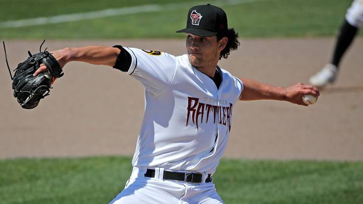 Wisconsin Timber Rattlers' mark Manfredi (35) pitches against the Great Lakes Loons Wednesday, May 1, 2024, at Neuroscience Group Field at Fox Cities Stadium in Grand Chute, Wisconsin. The Great Lakes Loons won 9-8. Wisconsin Timber Rattlers' mark Manfredi (35) pitches against the Great Lakes Loons Wednesday, May 1, 2024, at Neuroscience Group Field at Fox Cities Stadium in Grand Chute, Wisconsin. The Great Lakes Loons won 9-8.