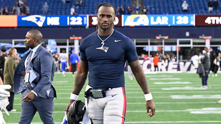 Nov 17, 2024; Foxborough, Massachusetts, USA;  New England Patriots quarterback Joe Milton III (19) leaves the field after game against the Los Angeles Rams at Gillette Stadium. Mandatory Credit: Eric Canha-Imagn Images