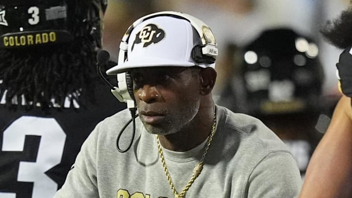 Sep 20, 2025; Boulder, Colorado, USA; Colorado Buffaloes head coach Deion Sanders celebrates a touchdown with his players in the fourth quarter against the Wyoming Cowboys at Folsom Field. Sep 20, 2025; Boulder, Colorado, USA; Colorado Buffaloes head coach Deion Sanders celebrates a touchdown with his players in the fourth quarter against the Wyoming Cowboys at Folsom Field.