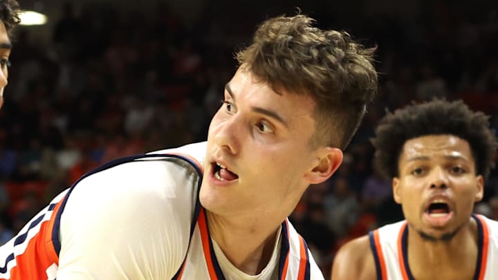 Feb 28, 2026; Auburn, Alabama, USA; Auburn Tigers forward Filip Jovic (38) controls a rebound during the second half against the Mississippi Rebels at Neville Arena. Mandatory Credit: John Reed-Imagn Images Feb 28, 2026; Auburn, Alabama, USA; Auburn Tigers forward Filip Jovic (38) controls a rebound during the second half against the Mississippi Rebels at Neville Arena. Mandatory Credit: John Reed-Imagn Images