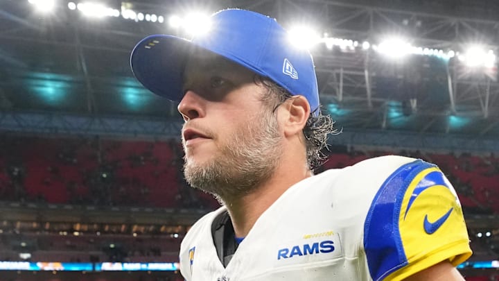 Oct 19, 2025; London, United Kingdom; Los Angeles Rams quarterback Matthew Stafford (9) runs off the field after their win against the Jacksonville Jaguars in an NFL International Series game at Wembley Stadium. Mandatory Credit: Kirby Lee-Imagn Images