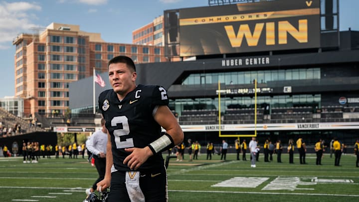 Vanderbilt quarterback Diego Pavia exits the field after defeating Utah State at FirstBank Stadium in Nashville, Tenn., Saturday, Sept. 27, 2025. Vanderbilt quarterback Diego Pavia exits the field after defeating Utah State at FirstBank Stadium in Nashville, Tenn., Saturday, Sept. 27, 2025.