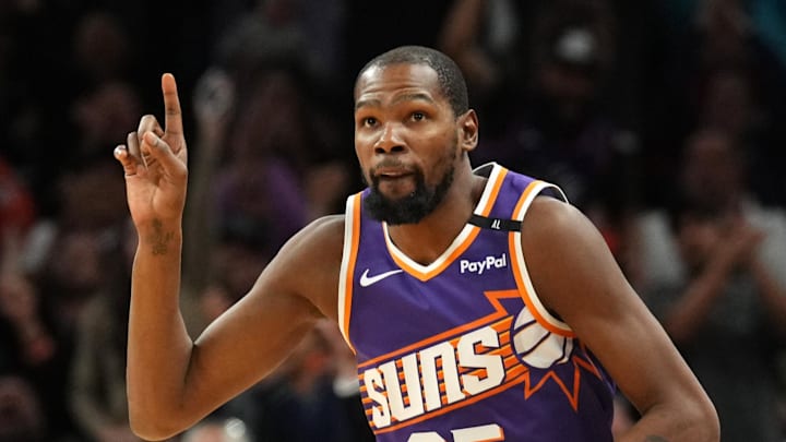 Phoenix Suns forward Kevin Durant celebrates a basket against the Miami Heat. Mandatory Credit: Joe Camporeale-Imagn Images Phoenix Suns forward Kevin Durant celebrates a basket against the Miami Heat. Mandatory Credit: Joe Camporeale-Imagn Images