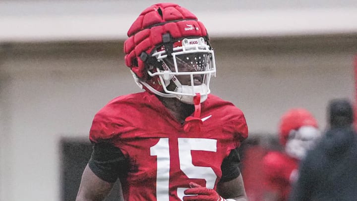 Arkansas Razorbacks defensive back Jaheim Singletary during spring practice on the indoor practice field in Fayetteville, Ark.