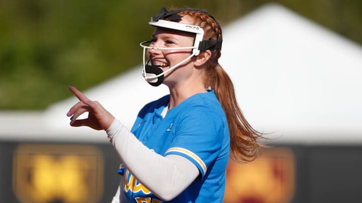 UCLA Bruins starting pitcher/relief pitcher Kaitlyn Terry (55) celebrates after an out Friday, May 9, 2025, during the Big Ten softball tournament game against the Nebraska Cornhuskers at Purdue University’s Bittinger Stadium in West Lafayette, Indiana.