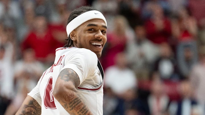 Feb 18, 2026; Tuscaloosa, AL, USA; Alabama guard Labaron Philon Jr. (0) celebrates as he runs up court at Coleman Coliseum. Alabama defeated Arkansas 117-115 in double overtime. Philon led Alabama scorers with 35. Mandatory Credit: Gary Cosby Jr.-Tuscaloosa News