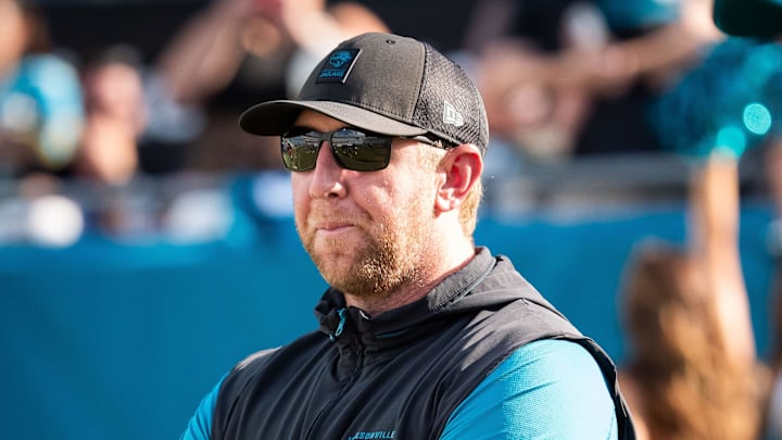 Jacksonville Jaguars head coach Liam Coen watches his team warm up before an NFL scrimmage at EverBank Stadium Friday August 1, 2025, in Jacksonville, Fla. [Doug Engle/Florida Times-Union]