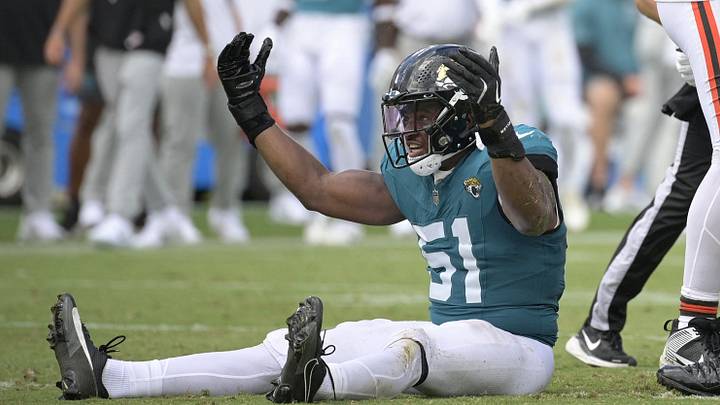 Sep 13, 2026; Jacksonville, Florida, USA;  Jacksonville Jaguars linebacker Ventrell Miller (51) and defensive tackle Ruke Orhorhoro (99) react after a play in the fourth quarter against the Cleveland Browns at EverBank Stadium.  Mandatory Credit: Melina Myers-Imagn Images