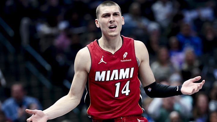 Miami Heat guard Tyler Herro (14) reacts (Mandatory Credit: Kevin Jairaj-Imagn Images)