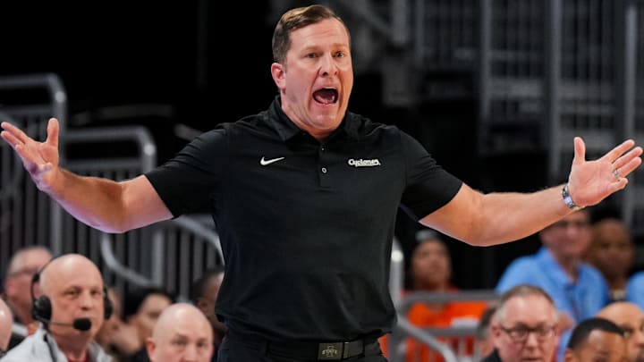 Jan 17, 2026; Cincinnati, Ohio, USA;  Iowa State Cyclones head coach T.J. Otzelberger reacts from the sideline against the Cincinnati Bearcats in the first half at Fifth Third Arena.