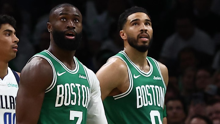 Mar 6, 2026; Boston, Massachusetts, USA; Boston Celtics guard Jaylen Brown (7) and forward Jayson Tatum (0) watch the Jumbotron during the second quarter against the Dallas Mavericks at TD Garden. Mandatory Credit: Winslow Townson-Imagn Images Mar 6, 2026; Boston, Massachusetts, USA; Boston Celtics guard Jaylen Brown (7) and forward Jayson Tatum (0) watch the Jumbotron during the second quarter against the Dallas Mavericks at TD Garden. Mandatory Credit: Winslow Townson-Imagn Images