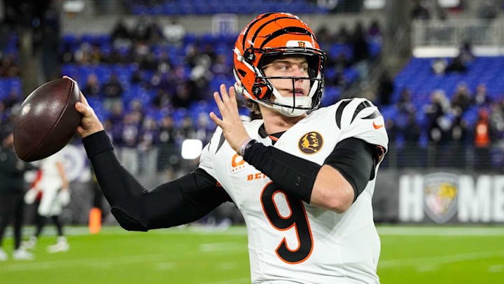 Bengals Joe Burrow (9) warms up before their game against the Ravens on Thanksgiving November 27, 2025 at M&T Stadium. Bengals Joe Burrow (9) warms up before their game against the Ravens on Thanksgiving November 27, 2025 at M&T Stadium.