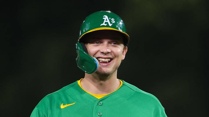 May 1, 2026; West Sacramento, California, USA; Athletics first baseman Nick Kurtz (16) smiles during a pitching change during the seventh inning against the Cleveland Guardians at Sutter Health Park. Mandatory Credit: Scott Marshall-Imagn Images