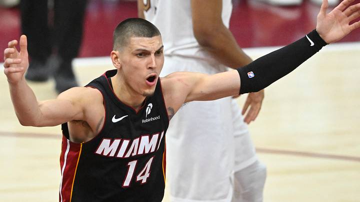 Miami Heat guard Tyler Herro (14) reacts (Mandatory Credit: David Richard-Imagn Images)