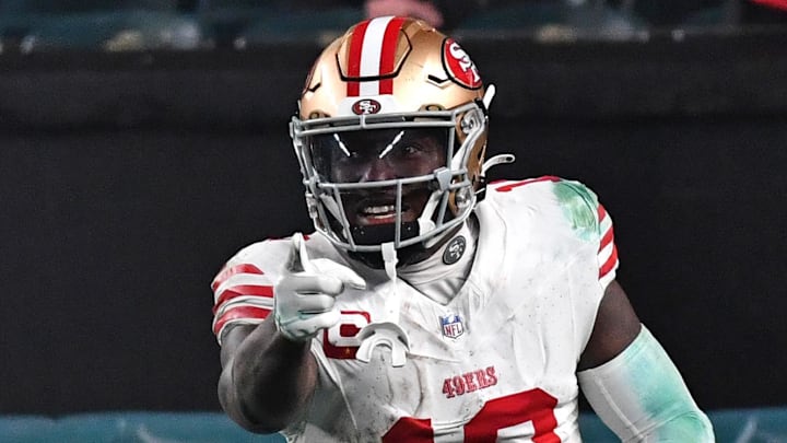 Dec 3, 2023; Philadelphia, Pennsylvania, USA; San Francisco 49ers wide receiver Deebo Samuel (19) celebrates his touchdown against the Philadelphia Eagles at Lincoln Financial Field. Mandatory Credit: Eric Hartline-Imagn Images Dec 3, 2023; Philadelphia, Pennsylvania, USA; San Francisco 49ers wide receiver Deebo Samuel (19) celebrates his touchdown against the Philadelphia Eagles at Lincoln Financial Field. Mandatory Credit: Eric Hartline-Imagn Images
