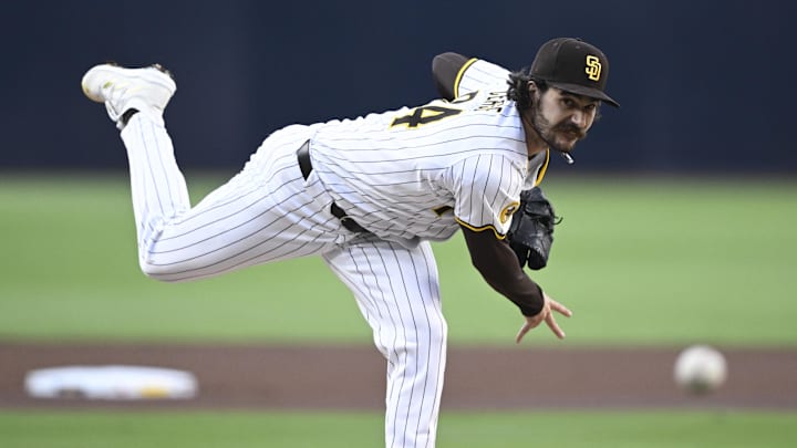 Padres starting pitcher Dylan Cease (84) delivers during the first inning against the New York Mets at Petco Park on Monday. Padres starting pitcher Dylan Cease (84) delivers during the first inning against the New York Mets at Petco Park on Monday.
