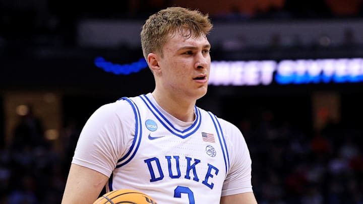 Mar 27, 2025; Newark, NJ, USA; Duke Blue Devils forward Cooper Flagg (2) reacts after a play during the first half against the Arizona Wildcats during an East Regional semifinal of the 2025 NCAA tournament at Prudential Center. Mandatory Credit: Vincent Carchietta-Imagn Images