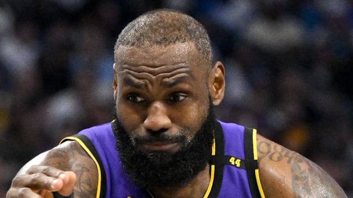 LeBron James in action during the game between the Dallas Mavericks and the Los Angeles Lakers.