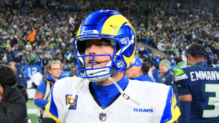 Jan 25, 2026; Seattle, WA, USA; Los Angeles Rams quarterback Matthew Stafford (9) leaves the field after the 2026 NFC Championship Game against the Seattle Seahawks at Lumen Field. Mandatory Credit: Steven Bisig-Imagn Images