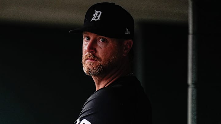 Detroit Tigers pitcher Alex Cobb watches a play from the dugout during the fifth inning against Minnesota Twins at Comerica Park in Detroit in Monday, August 4, 2025