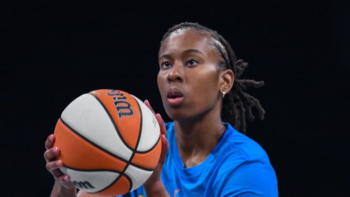 Chicago Sky guard Ariel Atkins warms up before a game against the New York Liberty.