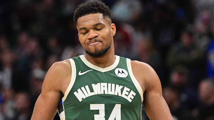 Nov 1, 2025; Milwaukee, Wisconsin, USA; Milwaukee Bucks forward Giannis Antetokounmpo (34) reacts after missing a shot late in the fourth quarter against the Sacramento Kings at Fiserv Forum. Mandatory Credit: Benny Sieu-Imagn Images Nov 1, 2025; Milwaukee, Wisconsin, USA; Milwaukee Bucks forward Giannis Antetokounmpo (34) reacts after missing a shot late in the fourth quarter against the Sacramento Kings at Fiserv Forum. Mandatory Credit: Benny Sieu-Imagn Images