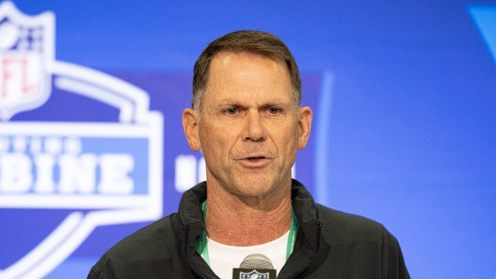 Feb 27, 2024; Indianapolis, IN, USA; Jacksonville Jaguars general manager Trent Baalke talks to the media at the 2024 NFL Combine at Indiana Convention Center. Mandatory Credit: Trevor Ruszkowski-Imagn Images