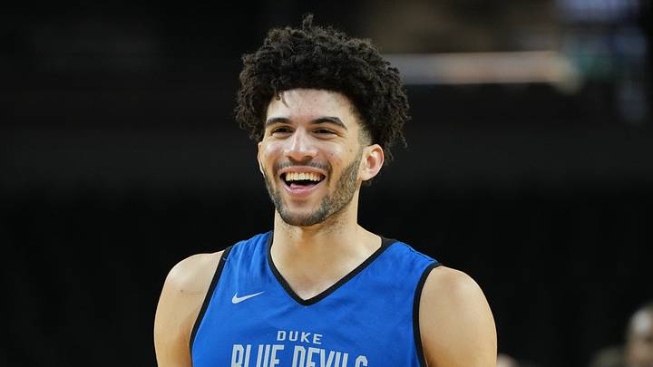 Mar 18, 2026; Greenville, SC, USA; Duke Blue Devils forward Cameron Boozer (12) reacts during a practice session ahead of the first round of the men's 2026 NCAA Tournament at Bon Secours Wellness Arena. Mandatory Credit: Bob Donnan-Imagn Images