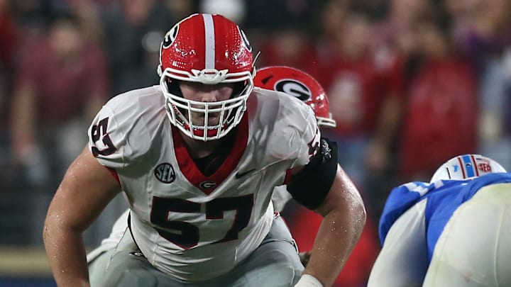 Nov 9, 2024; Oxford, Mississippi, USA; Georgia Bulldogs offensive lineman Monroe Freeling (57) lines up before the snap against the Mississippi Rebels during the second half  at Vaught-Hemingway Stadium. Mandatory Credit: Petre Thomas-Imagn Images
