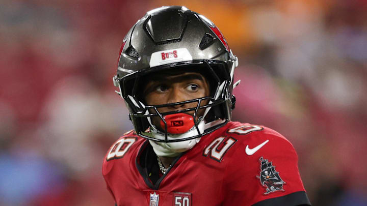 Aug 9, 2025; Tampa, Florida, USA; Tampa Bay Buccaneers safety Shilo Sanders (28) looks on during a preseason game against the Tennessee Titans in the fourth quarter at Raymond James Stadium. Mandatory Credit: Nathan Ray Seebeck-Imagn Images