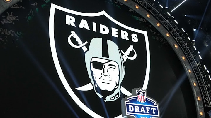 Apr 25, 2024; Detroit, MI, USA; A Las Vegas Raiders logo at the 2024 NFL Draft at Campus Martius Park and Hart Plaza. Mandatory Credit: Kirby Lee-Imagn Images