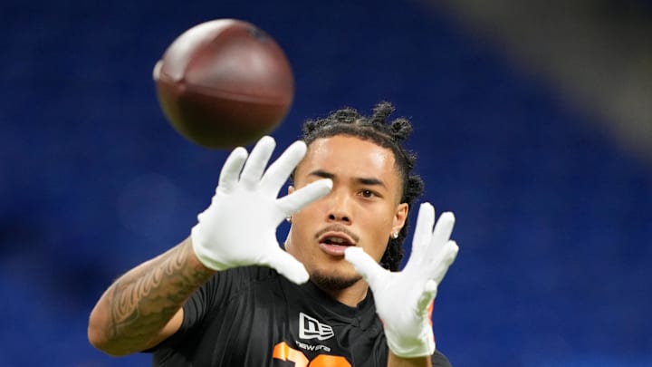 Feb 28, 2026; Indianapolis, IN, USA; Southern California wideout Makai Lemon (WO29) during the NFL Scouting Combine at Lucas Oil Stadium. Mandatory Credit: Kirby Lee-Imagn Images
