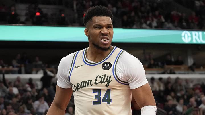 Dec 27, 2025; Chicago, Illinois, USA; Milwaukee Bucks forward Giannis Antetokounmpo (34) reacts after scoring against the Chicago Bulls during the second half at United Center. Mandatory Credit: David Banks-Imagn Images Dec 27, 2025; Chicago, Illinois, USA; Milwaukee Bucks forward Giannis Antetokounmpo (34) reacts after scoring against the Chicago Bulls during the second half at United Center. Mandatory Credit: David Banks-Imagn Images