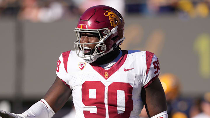 Oct 28, 2023; Berkeley, California, USA; USC Trojans defensive lineman Bear Alexander (90) gestures during the third quarter against the California Golden Bears at California Memorial Stadium. Mandatory Credit: Darren Yamashita-Imagn Images Oct 28, 2023; Berkeley, California, USA; USC Trojans defensive lineman Bear Alexander (90) gestures during the third quarter against the California Golden Bears at California Memorial Stadium. Mandatory Credit: Darren Yamashita-Imagn Images