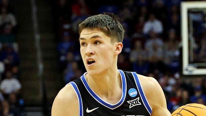 Mar 27, 2025; Newark, NJ, USA; Brigham Young Cougars guard Egor Demin (3) drives to the basket against Alabama Crimson Tide forward Mouhamed Dioubate (10) during the first half during an East Regional semifinal of the 2025 NCAA tournament at Prudential Center. Mandatory Credit: Vincent Carchietta-Imagn Images