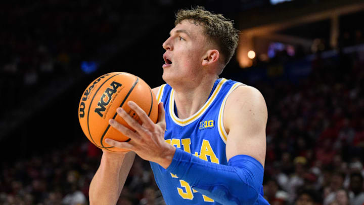 Jan 10, 2025; College Park, Maryland, USA; UCLA Bruins forward Tyler Bilodeau (34) looks to shoot the ball during the second half against the Maryland Terrapins at Xfinity Center. Mandatory Credit: Reggie Hildred-Imagn Images