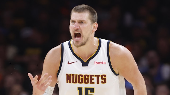 May 7, 2025; Oklahoma City, Oklahoma, USA; Denver Nuggets center Nikola Jokic (15) reacts after a play against the Oklahoma City Thunder in the second half during game two of the second round for the 2025 NBA Playoffs at Paycom Center. Mandatory Credit: Alonzo Adams-Imagn Images
