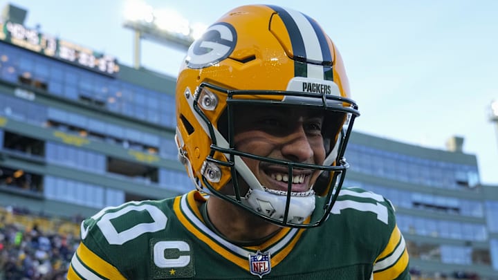 Dec 7, 2025; Green Bay, Wisconsin, USA;  Green Bay Packers quarterback Jordan Love (10) during warmups prior to the game against the Chicago Bears at Lambeau Field. Mandatory Credit: Jeff Hanisch-Imagn Images