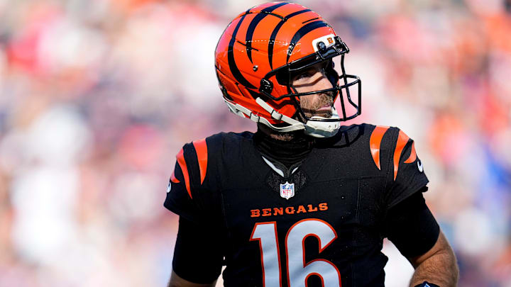 Cincinnati Bengals quarterback Joe Flacco (16) runs for the sideline after throwing a pick-six to New England Patriots cornerback Marcus Jones (25) in the second quarter of the NFL Week 12 game between the Cincinnati Bengals and the New England Patriots at Paycor Stadium in downtown Cincinnati on Sunday, Nov. 23, 2025.