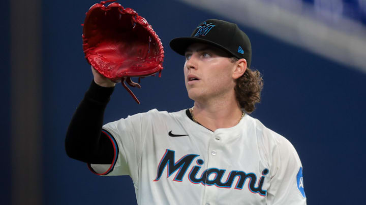 May 20, 2025; Miami, Florida, USA; Miami Marlins starting pitcher Ryan Weathers (35) looks on against the Chicago Cubs during the first inning at loanDepot Park. Mandatory Credit: Sam Navarro-Imagn Images
