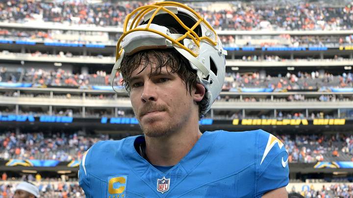 Sep 21, 2025; Inglewood, California, USA;  Los Angeles Chargers quarterback Justin Herbert (10) leaves the field after defeating the Denver Broncos 23-20 at SoFi Stadium. Mandatory Credit: Jayne Kamin-Oncea-Imagn Images