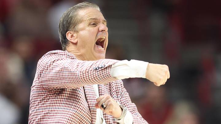 Arkansas Razorbacks coach John Calipari during the second half against the Texas Longhorns at Bud Walton Arena. Arkansas won 105-85. Arkansas Razorbacks coach John Calipari during the second half against the Texas Longhorns at Bud Walton Arena. Arkansas won 105-85.
