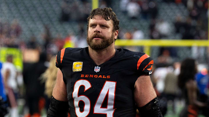 Cincinnati Bengals center Ted Karras (64) walks off the field after the NFL football game between Chicago Bears and Cincinnati Bengals at Paycor Stadium in Cincinnati on Nov. 2, 2025. Cincinnati Bengals center Ted Karras (64) walks off the field after the NFL football game between Chicago Bears and Cincinnati Bengals at Paycor Stadium in Cincinnati on Nov. 2, 2025.